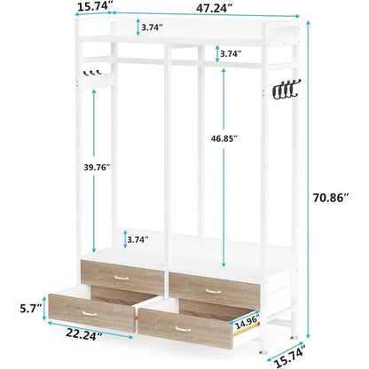 Freestanding White Oak Garment Rack Clothes Hanging Rod with 4 Storage Drawers - The Sturdy Wood Company