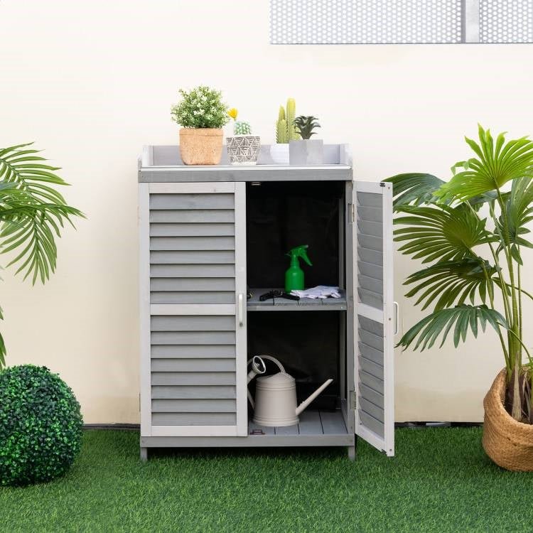 Grey Solid Wood Patio Storage Cabinet Garden Potting Bench Table with Metal Top - The Sturdy Wood Company