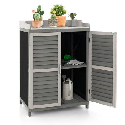 Grey Solid Wood Patio Storage Cabinet Garden Potting Bench Table with Metal Top - The Sturdy Wood Company