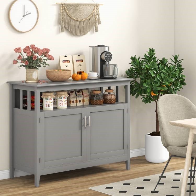 Grey Wood 2-Door Dining Buffet Sideboard Cabinet with Open Storage Shelf - The Sturdy Wood Company