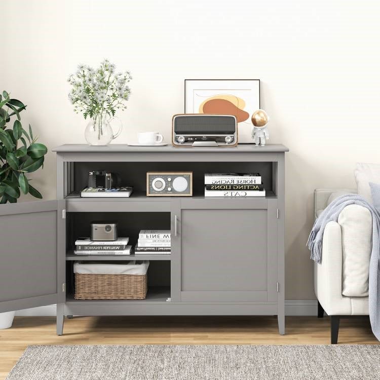 Grey Wood 2-Door Dining Buffet Sideboard Cabinet with Open Storage Shelf - The Sturdy Wood Company