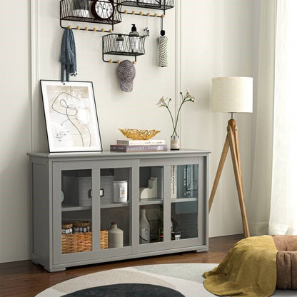 Grey Wood Buffet Kitchen Dining Sideboard Storage Cabinet w/ Glass Sliding Door - The Sturdy Wood Company