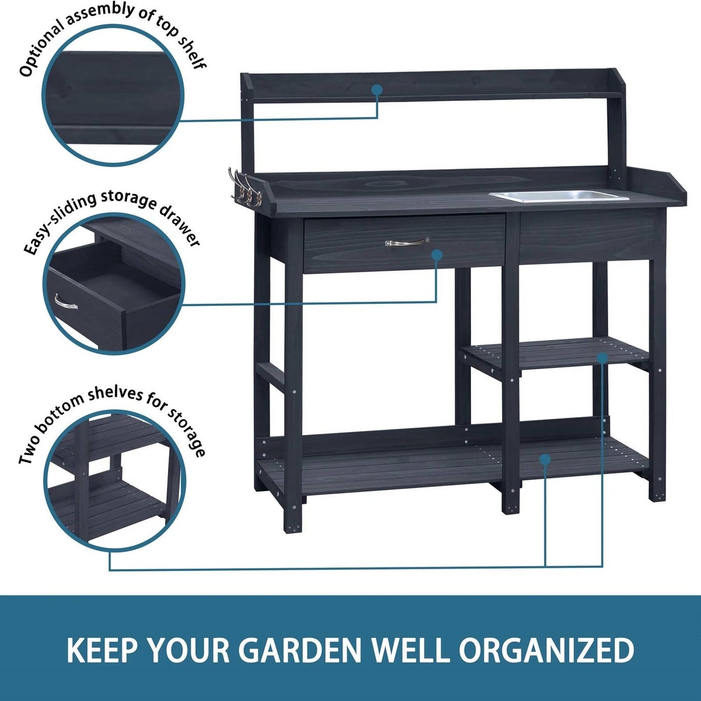 Grey Wood Outdoor Garden Potting Bench Storage Shelf with Removeable Sink - The Sturdy Wood Company