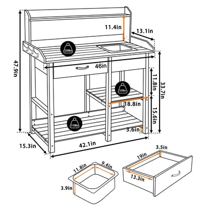 Grey Wood Outdoor Garden Potting Bench Storage Shelf with Removeable Sink - The Sturdy Wood Company