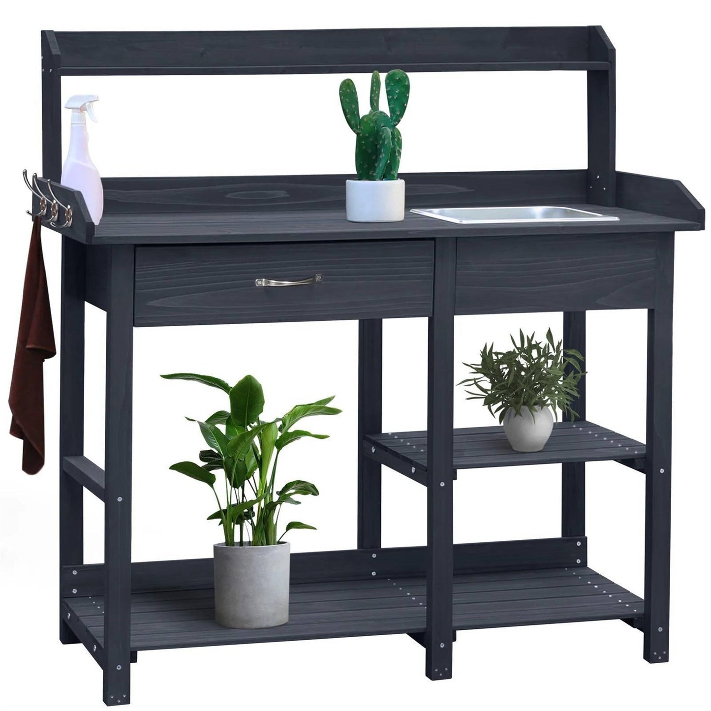 Grey Wood Outdoor Garden Potting Bench Storage Shelf with Removeable Sink - The Sturdy Wood Company