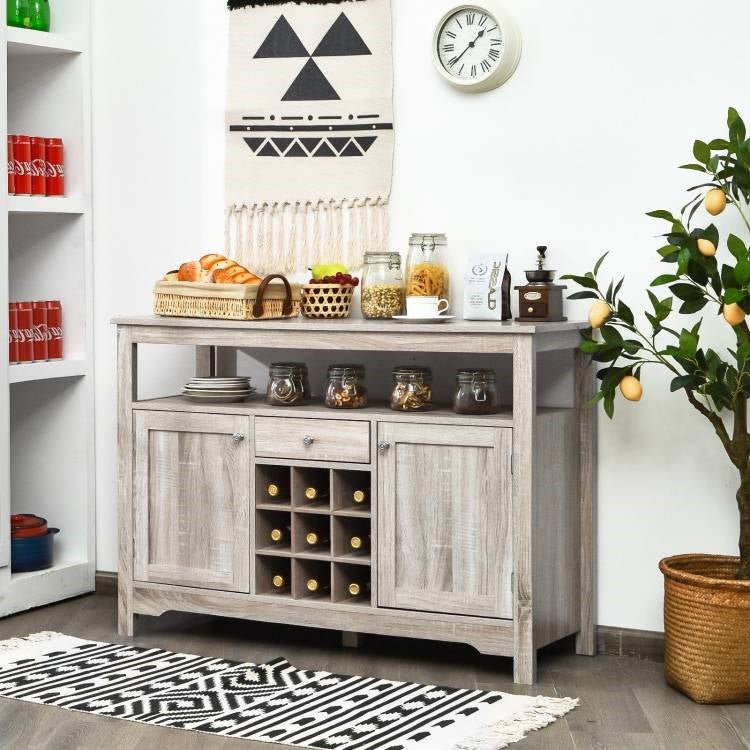 Grey Wood Sideboard Buffet Server Cabinet with Wine Rack and Storage Shelf - The Sturdy Wood Company