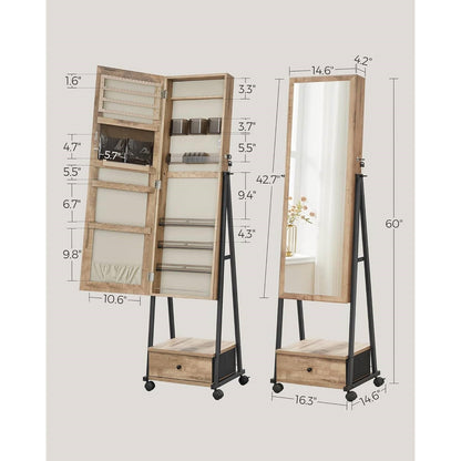 Industrial Modern Metal Wood Jewelry Armoire Cabinet Organizer Mirror on Wheels - The Sturdy Wood Company