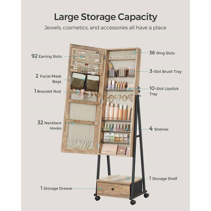 Industrial Modern Metal Wood Jewelry Armoire Cabinet Organizer Mirror on Wheels - The Sturdy Wood Company