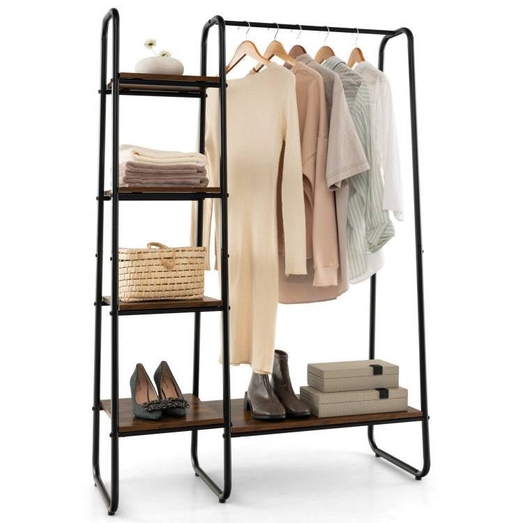 Industrial Wood Metal Garment Rack Clothes Hanging Bar with Storage Shelves - The Sturdy Wood Company