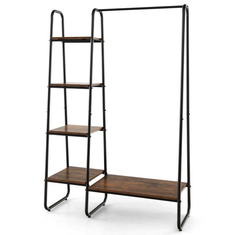 Industrial Wood Metal Garment Rack Clothes Hanging Bar with Storage Shelves - The Sturdy Wood Company