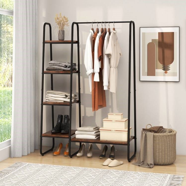 Industrial Wood Metal Garment Rack Clothes Hanging Bar with Storage Shelves - The Sturdy Wood Company