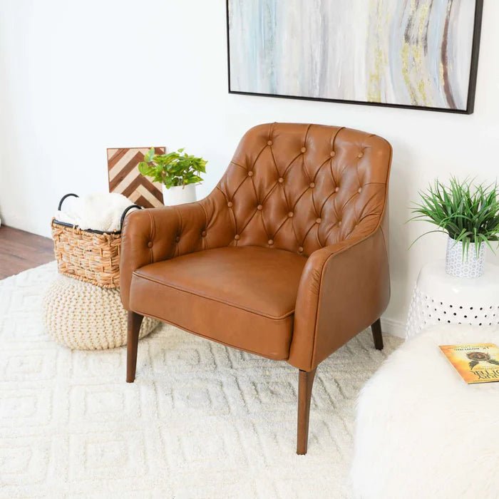 Joshua Tufted Tan Leather Lounge Chair - The Sturdy Wood Company