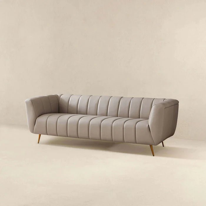 LaMattina Genuine Italian Grey Leather Channel Tufted Sofa - The Sturdy Wood Company