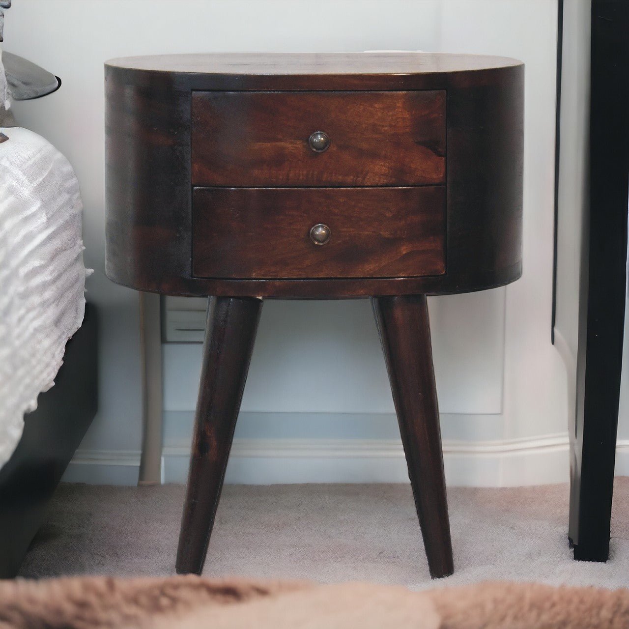 Light Walnut Rounded Bedside Table - The Sturdy Wood Company