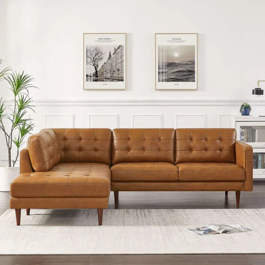 Lucco Genuine Leather Sectional In Cognac Tan Left Facing - The Sturdy Wood Company