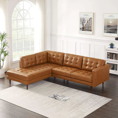 Lucco Genuine Leather Sectional In Cognac Tan Left Facing - The Sturdy Wood Company