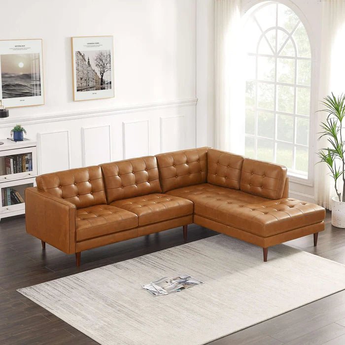 Lucco Genuine Leather Sectional In Cognac Tan Right Facing - The Sturdy Wood Company