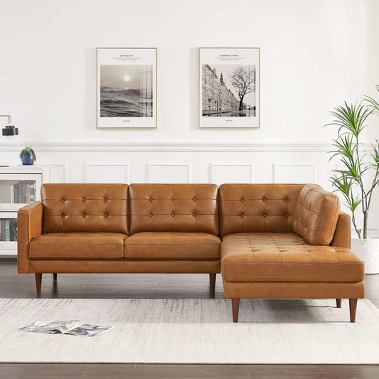 Lucco Genuine Leather Sectional In Cognac Tan Right Facing - The Sturdy Wood Company