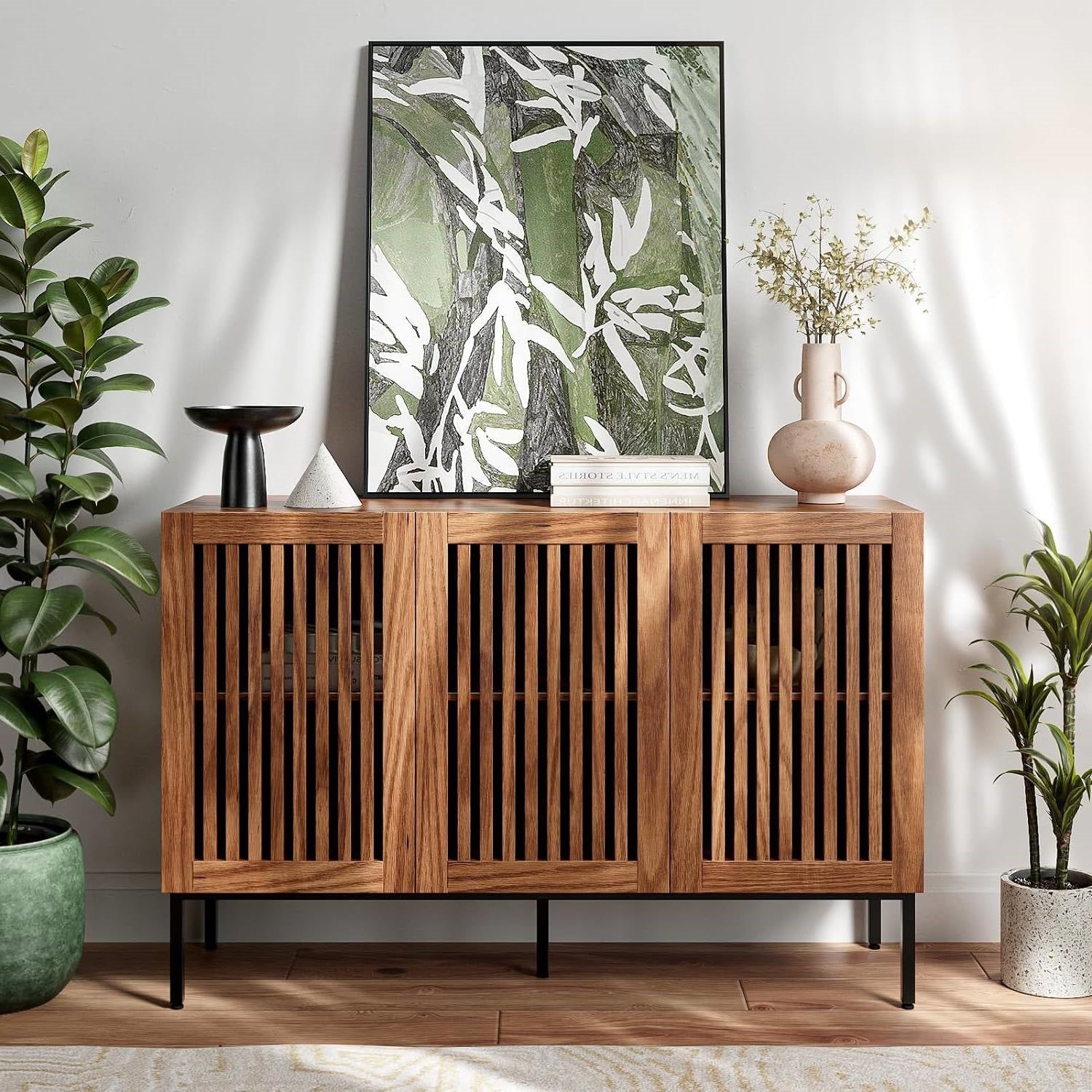 Mid - Century Modern Dining Buffet Storage Cabinet Sideboard in Brown Wood Finish - The Sturdy Wood Company