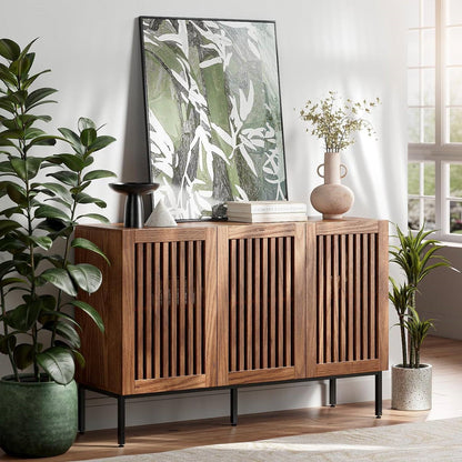 Mid - Century Modern Dining Buffet Storage Cabinet Sideboard in Brown Wood Finish - The Sturdy Wood Company