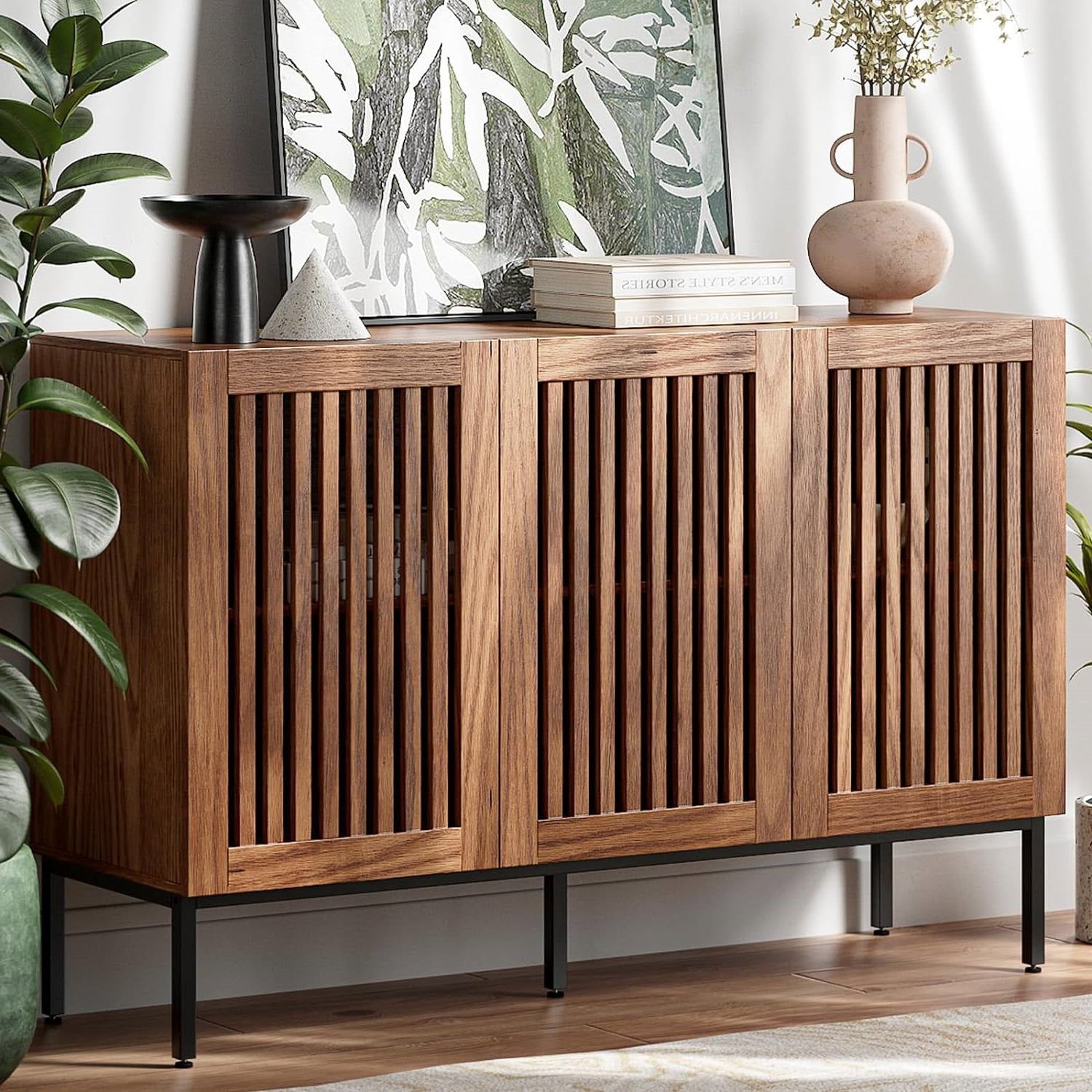 Mid - Century Modern Dining Buffet Storage Cabinet Sideboard in Brown Wood Finish - The Sturdy Wood Company