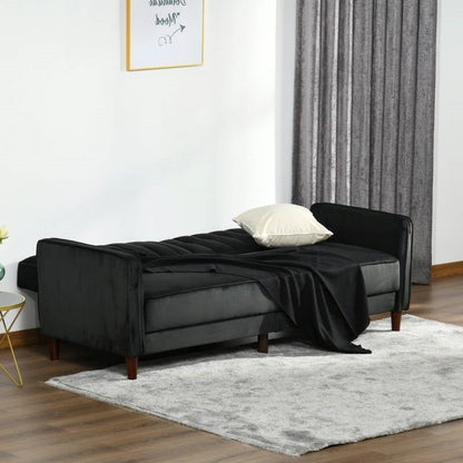 Mid-Century Modern Futon Sleeper Sofa Bed in Black Velvet Upholstery - The Sturdy Wood Company