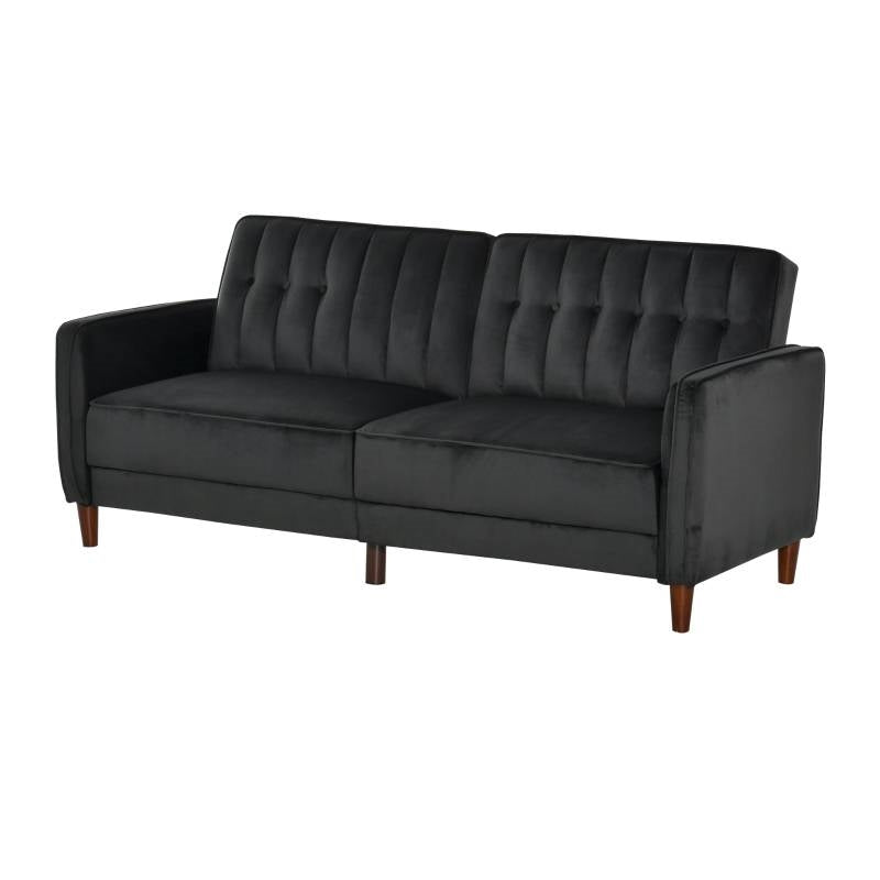 Mid-Century Modern Futon Sleeper Sofa Bed in Black Velvet Upholstery - The Sturdy Wood Company