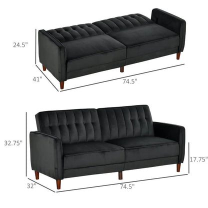 Mid-Century Modern Futon Sleeper Sofa Bed in Black Velvet Upholstery - The Sturdy Wood Company