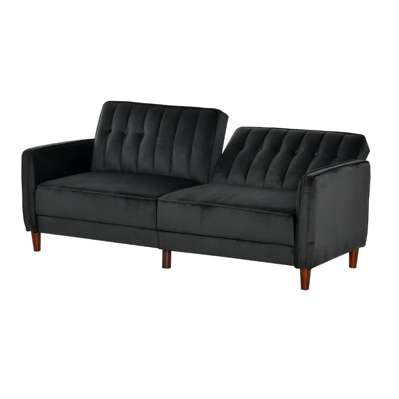 Mid-Century Modern Futon Sleeper Sofa Bed in Black Velvet Upholstery - The Sturdy Wood Company