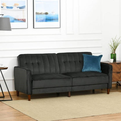 Mid-Century Modern Futon Sleeper Sofa Bed in Black Velvet Upholstery - The Sturdy Wood Company