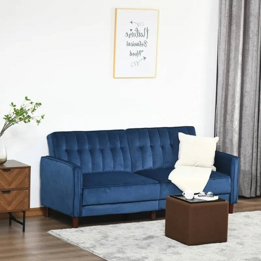 Mid-Century Modern Futon Sleeper Sofa Bed in Blue Velvet Upholstery - The Sturdy Wood Company