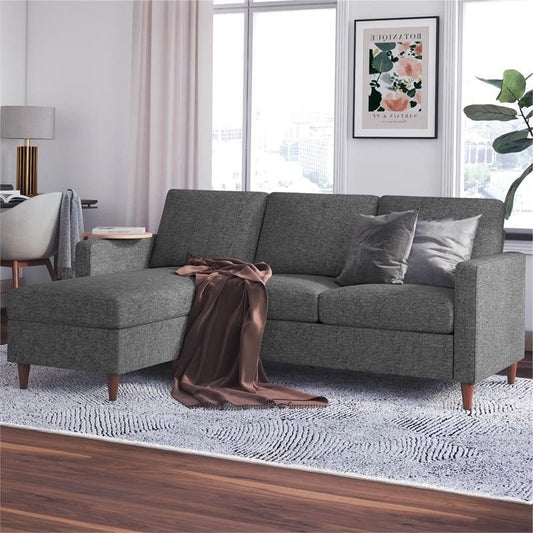 Mid-Century Modern Left or Right Facing Sectional Sofa in Dark Grey Linen - The Sturdy Wood Company