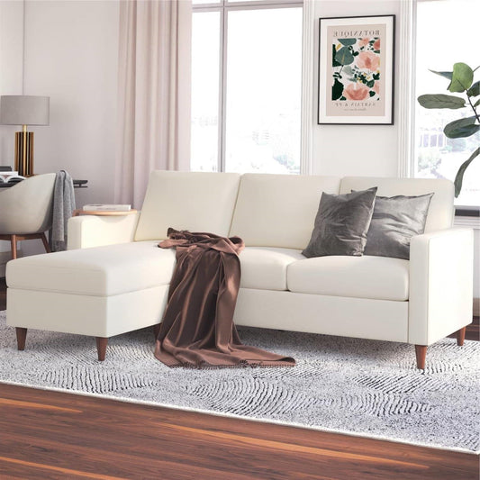 Mid-Century Modern Left or Right Facing Sectional Sofa in Ivory Linen Upholstery - The Sturdy Wood Company