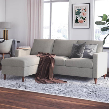 Mid-Century Modern Left or Right Facing Sectional Sofa in Light Grey Linen - The Sturdy Wood Company