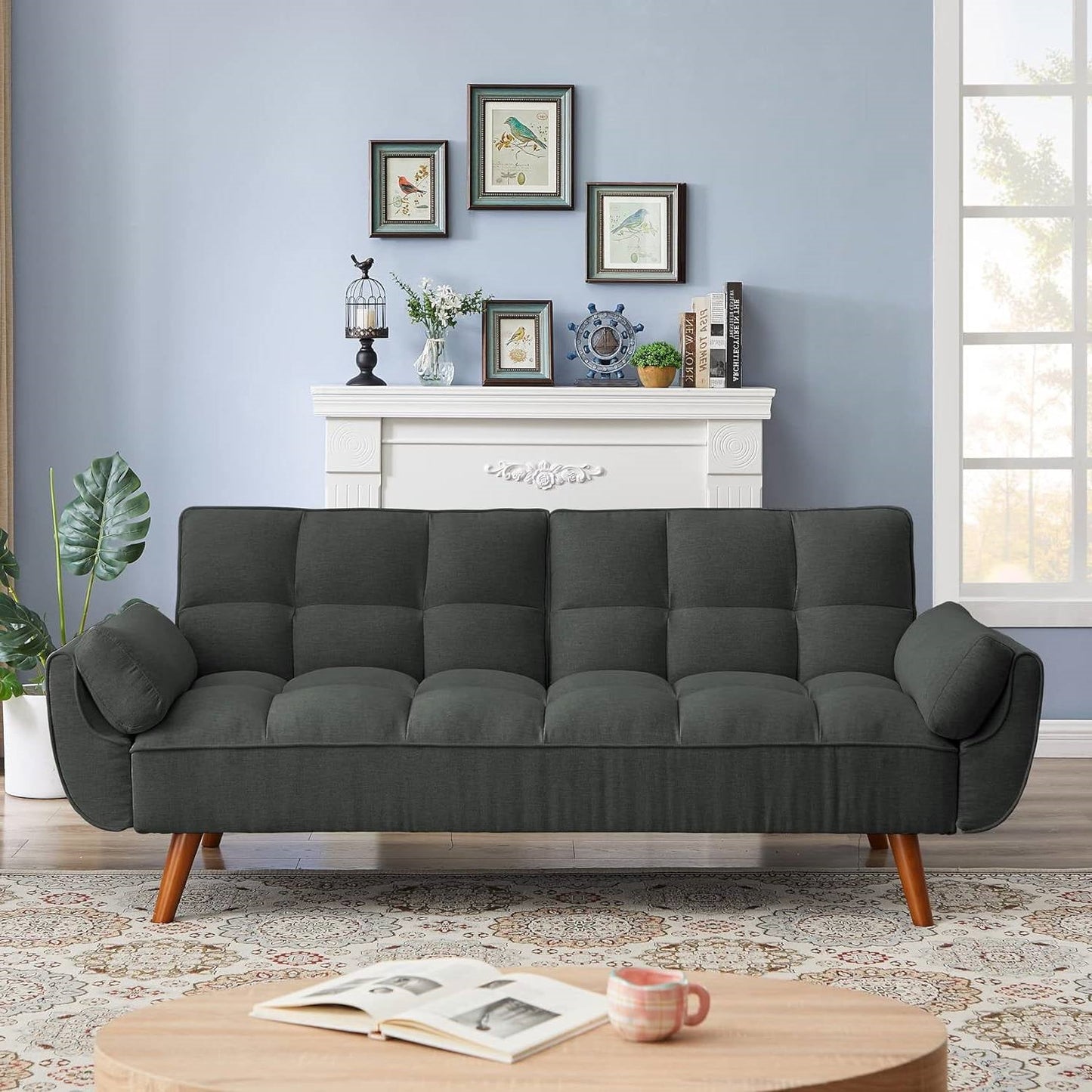 Mid-Century Modern Sofa Bed in Dark Grey Linen Polyester Tufted Upholstery - The Sturdy Wood Company