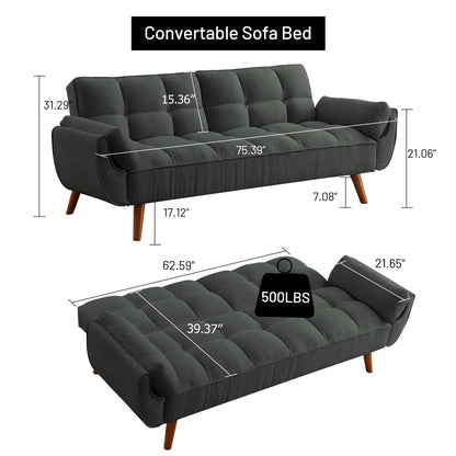 Mid-Century Modern Sofa Bed in Dark Grey Linen Polyester Tufted Upholstery - The Sturdy Wood Company