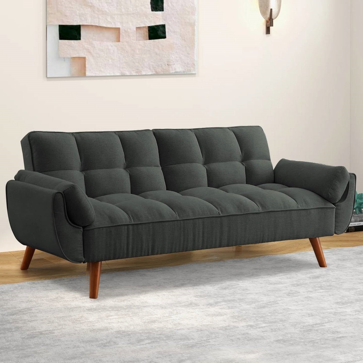 Mid-Century Modern Sofa Bed in Dark Grey Linen Polyester Tufted Upholstery - The Sturdy Wood Company