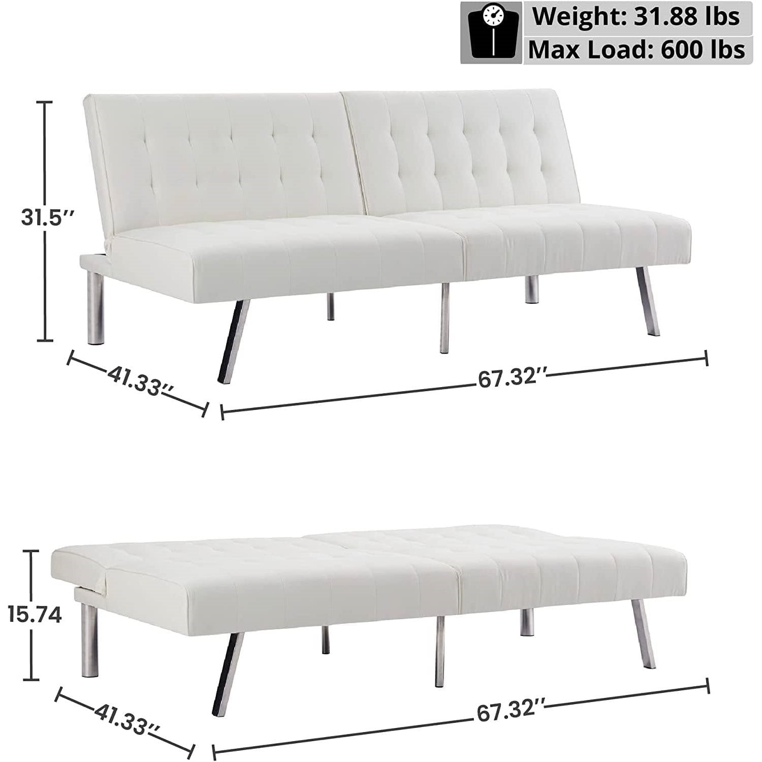 Mid-Century Modern Split Back Futon Sleep Sofa Bed in White Faux Leather - The Sturdy Wood Company