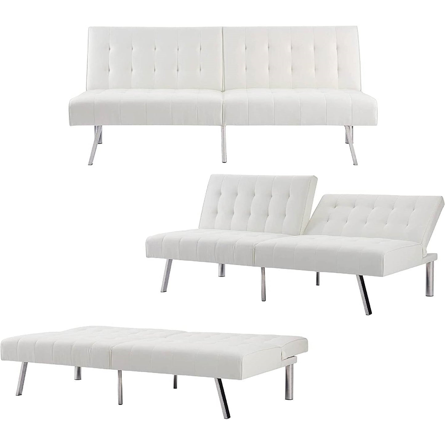 Mid-Century Modern Split Back Futon Sleep Sofa Bed in White Faux Leather - The Sturdy Wood Company