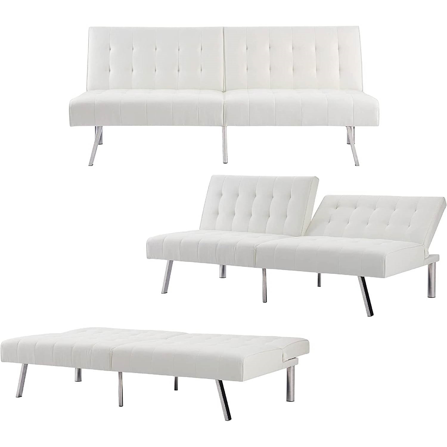 Mid-Century Modern Split Back Futon Sleep Sofa Bed in White Faux Leather - The Sturdy Wood Company