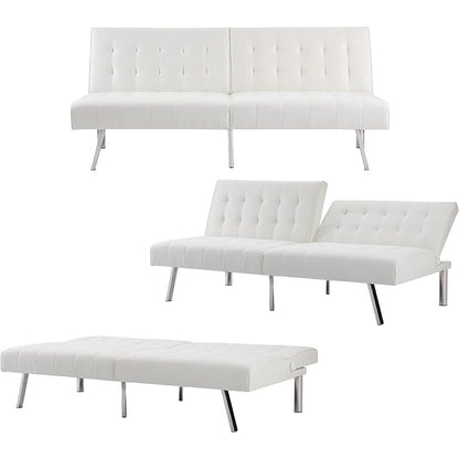 Mid-Century Modern Split Back Futon Sleep Sofa Bed in White Faux Leather - The Sturdy Wood Company