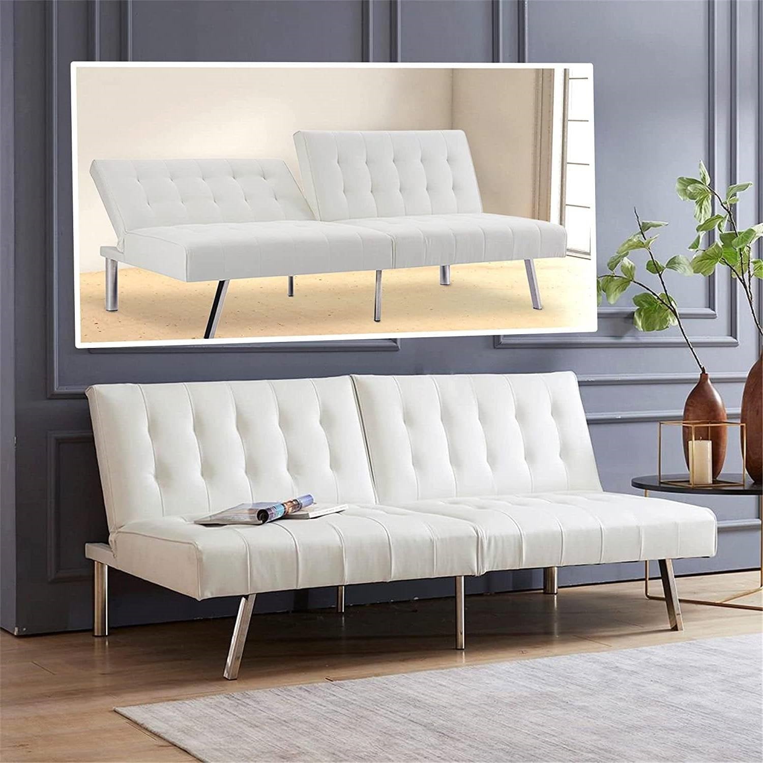 Mid-Century Modern Split Back Futon Sleep Sofa Bed in White Faux Leather - The Sturdy Wood Company