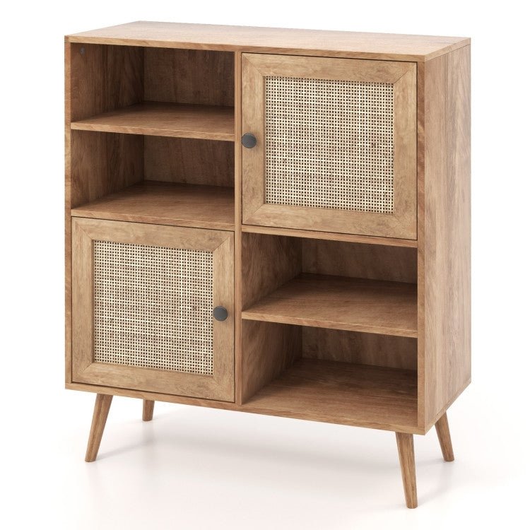 Mid - Century Modern Wood Sideboard Dining Buffet Storage Cabinet w/ Rattan Doors - The Sturdy Wood Company