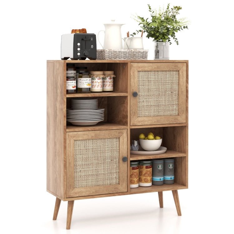 Mid - Century Modern Wood Sideboard Dining Buffet Storage Cabinet w/ Rattan Doors - The Sturdy Wood Company