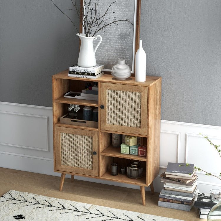 Mid - Century Modern Wood Sideboard Dining Buffet Storage Cabinet w/ Rattan Doors - The Sturdy Wood Company