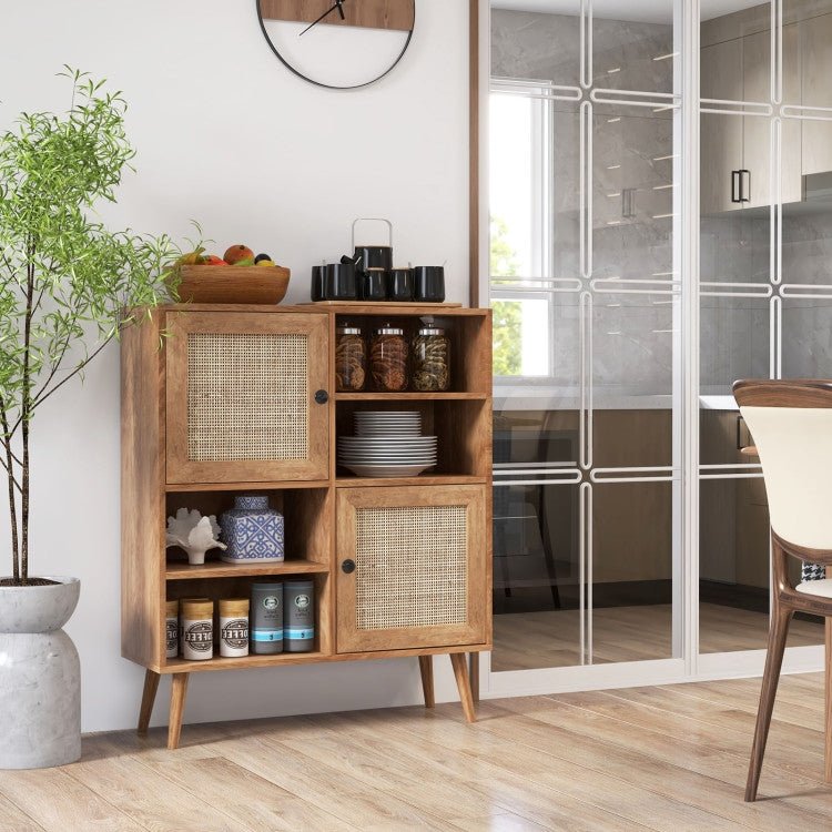 Mid - Century Modern Wood Sideboard Dining Buffet Storage Cabinet w/ Rattan Doors - The Sturdy Wood Company