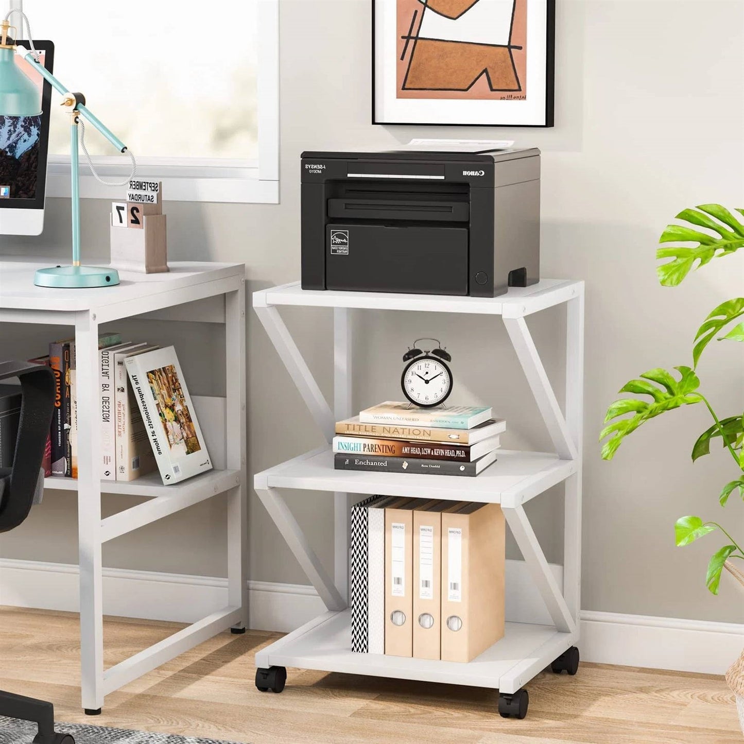 Modern 3-Shelf White Metal Wood Printer Stand Rolling Home Office Storage Cart - The Sturdy Wood Company