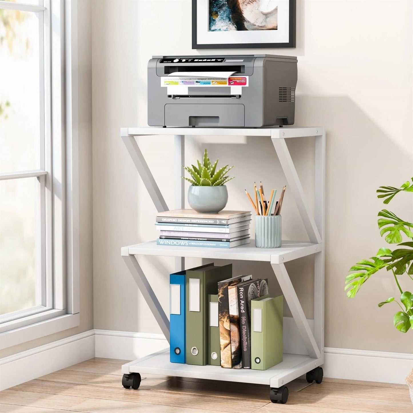 Modern 3-Shelf White Metal Wood Printer Stand Rolling Home Office Storage Cart - The Sturdy Wood Company