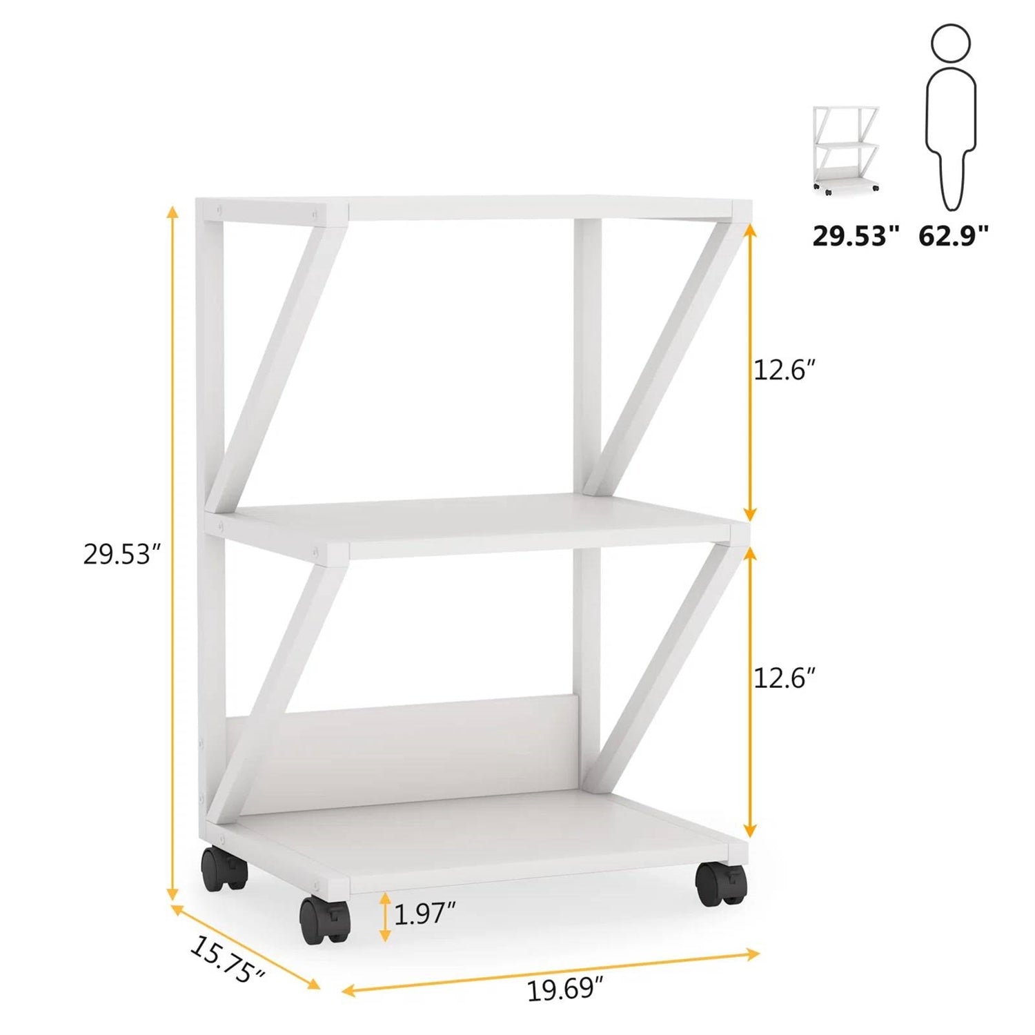 Modern 3-Shelf White Metal Wood Printer Stand Rolling Home Office Storage Cart - The Sturdy Wood Company