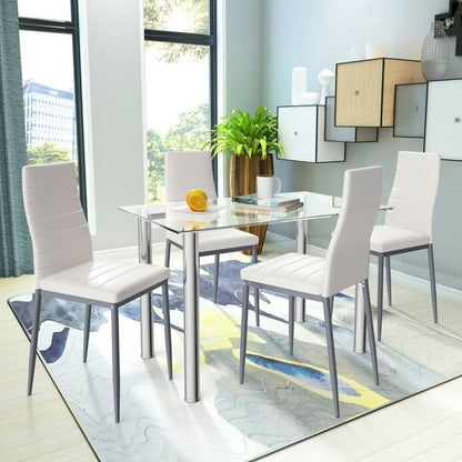 Modern 5-Piece Dining Set with Glass Top Table and 4 White PVC Leather Chairs - The Sturdy Wood Company